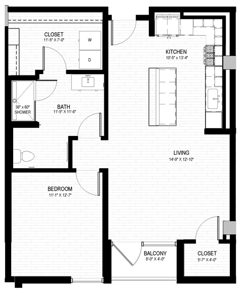 Floor plan for 1 bed, 1 bath, 867 sqft